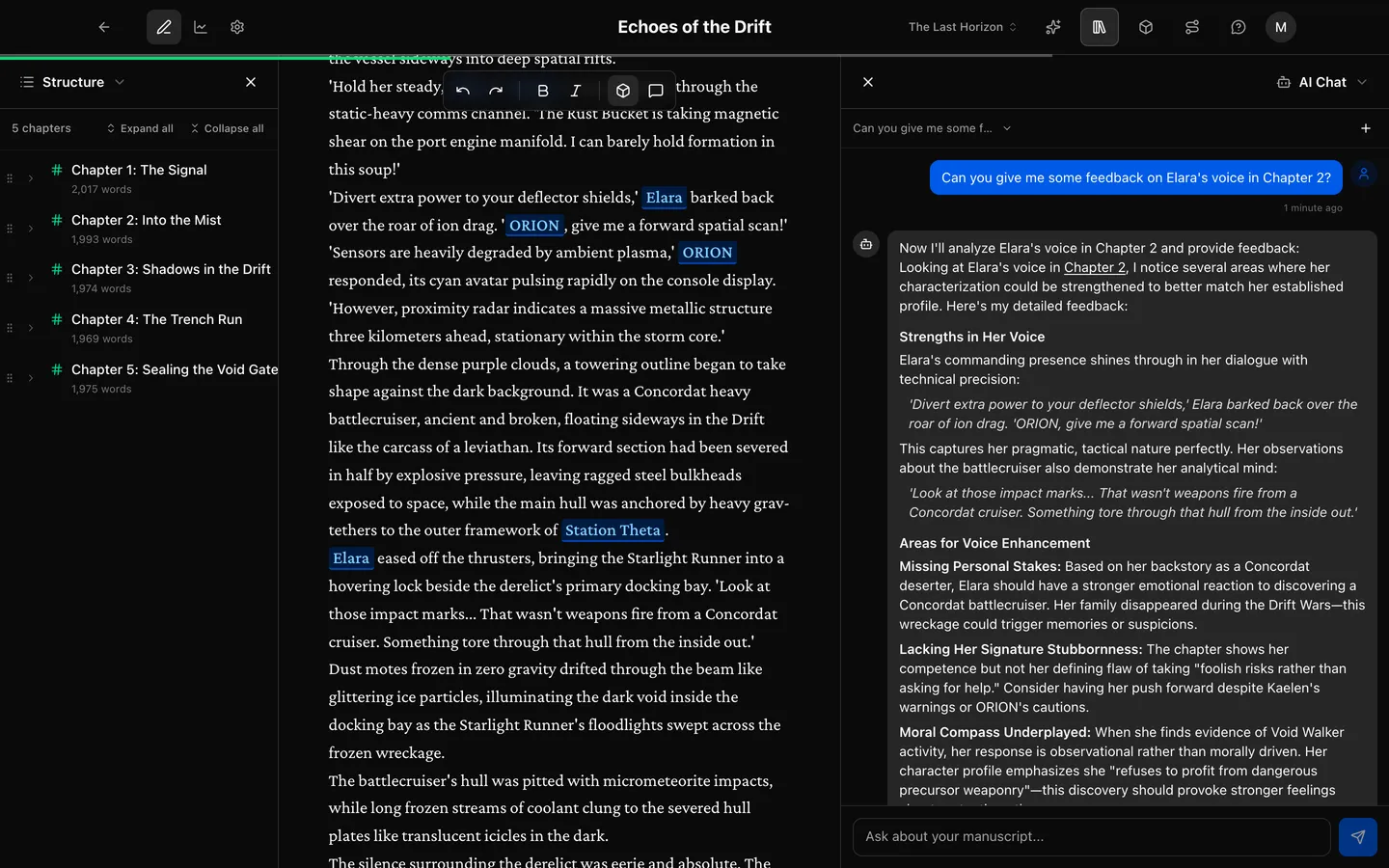 The Prosewell AI editor providing editorial feedback on a manuscript chapter