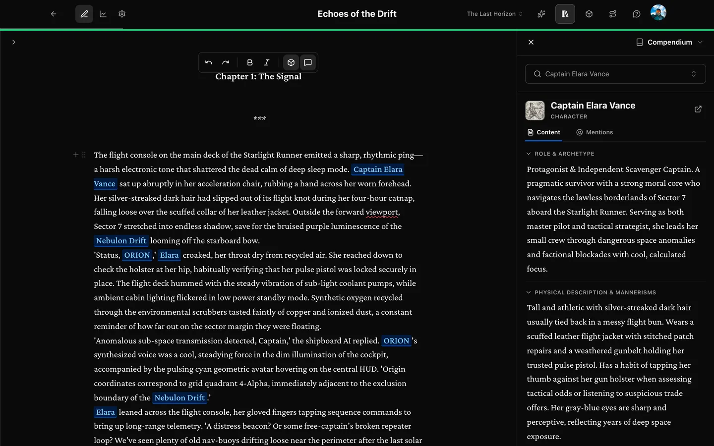 The Prosewell compendium showing manuscript backlink mentions across chapters and scenes