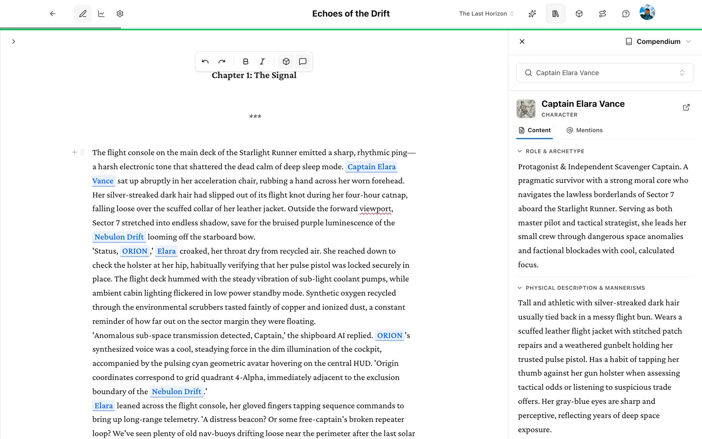 The Prosewell compendium showing manuscript backlink mentions across chapters and scenes