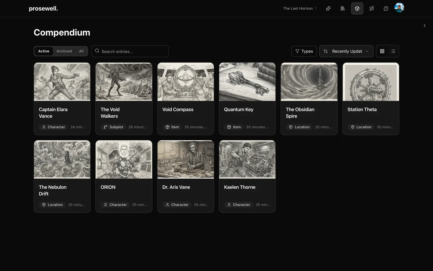 The Prosewell compendium showing generated character portraits and image gallery