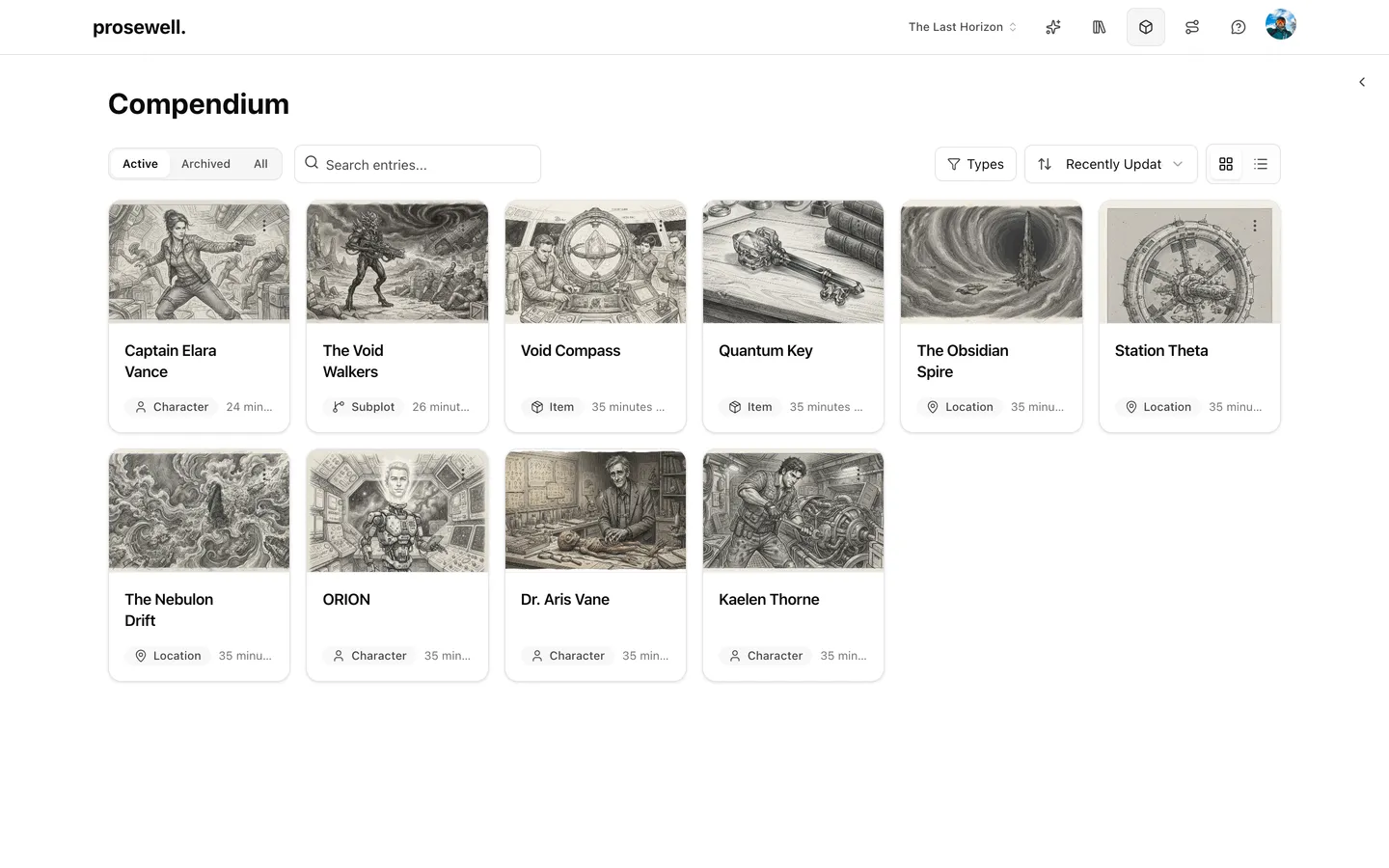 The Prosewell compendium showing generated character portraits and image gallery