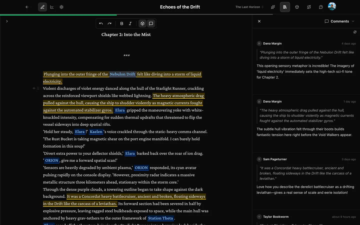 The Prosewell manuscript workspace showing threaded inline comments from a beta reader on a manuscript passage