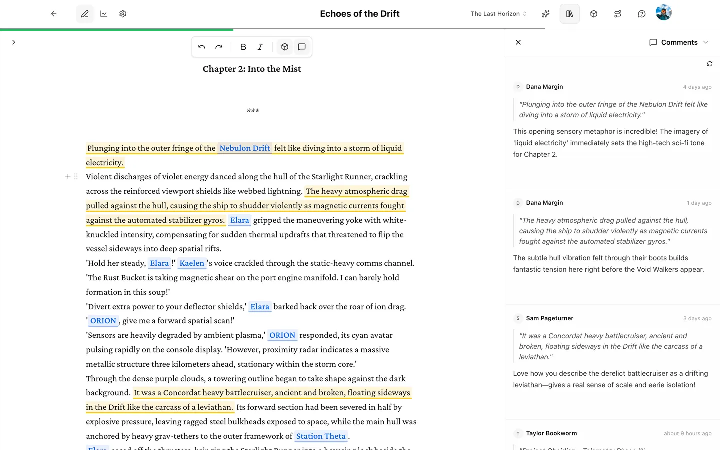 The Prosewell manuscript workspace showing threaded inline comments from a beta reader on a manuscript passage