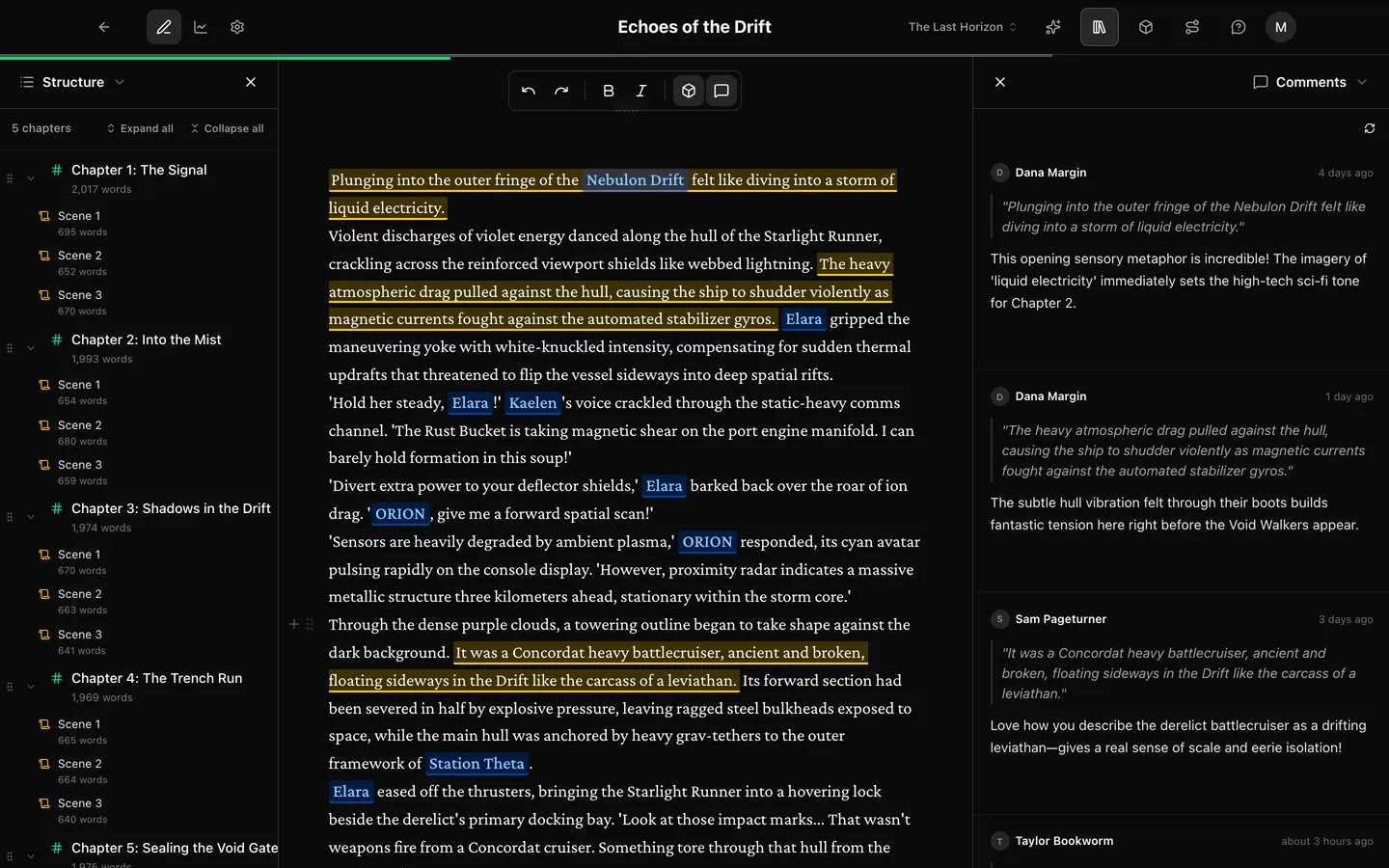 The Prosewell manuscript workspace showing a chapter with the compendium sidebar open