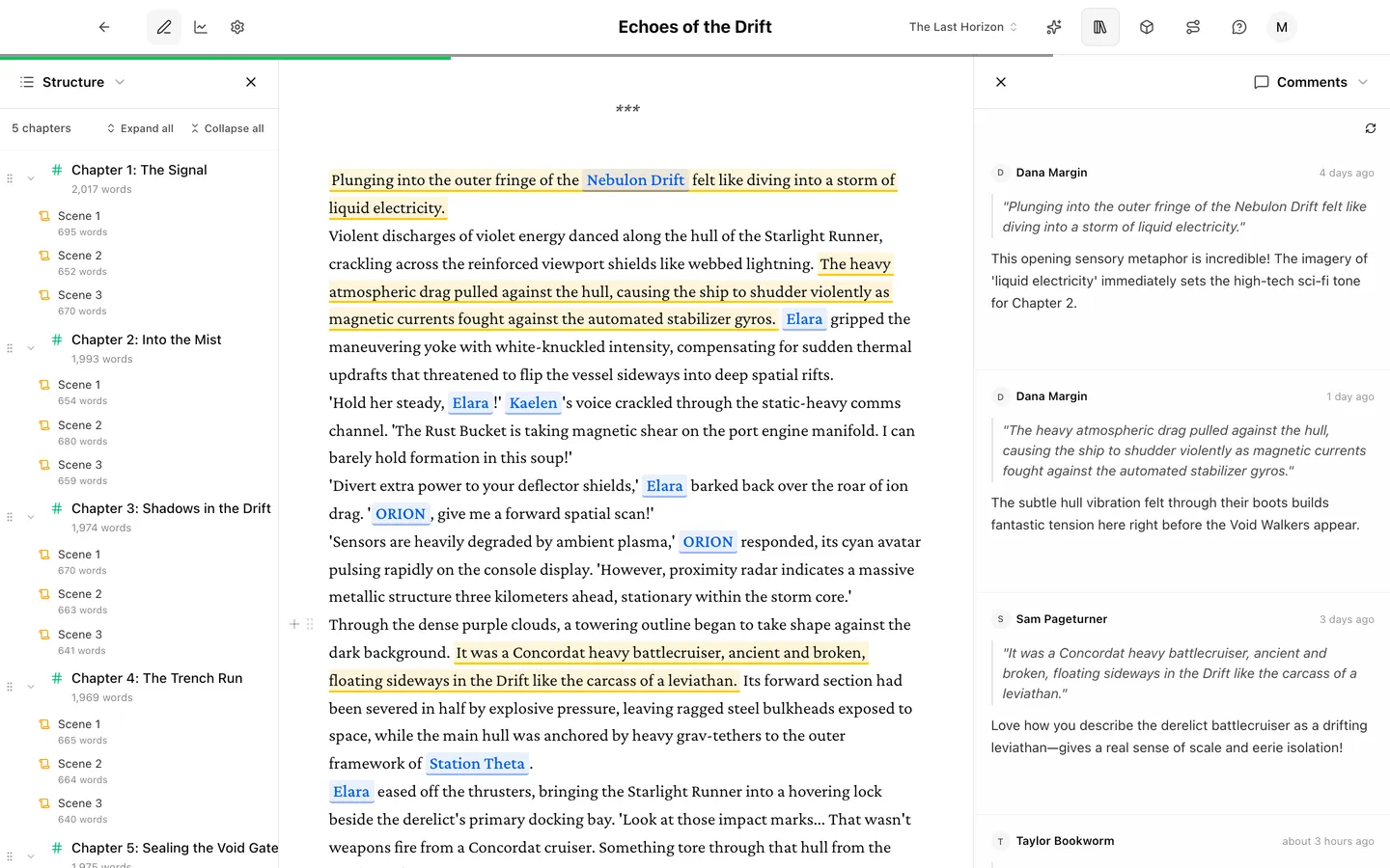 The Prosewell manuscript workspace showing a chapter with the compendium sidebar open