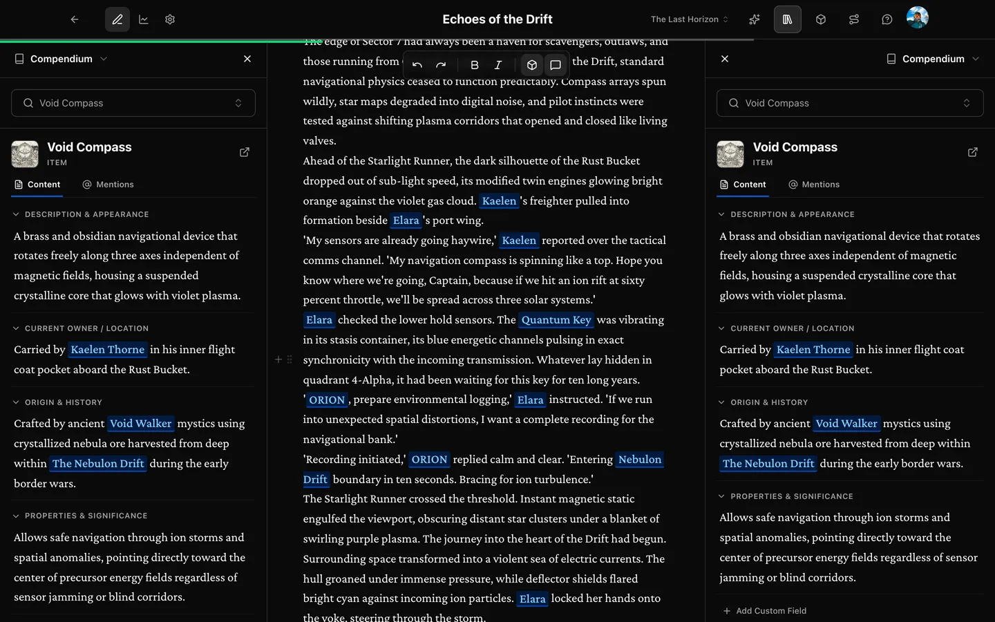 The Prosewell manuscript workspace with the compendium sidebar open showing a character profile