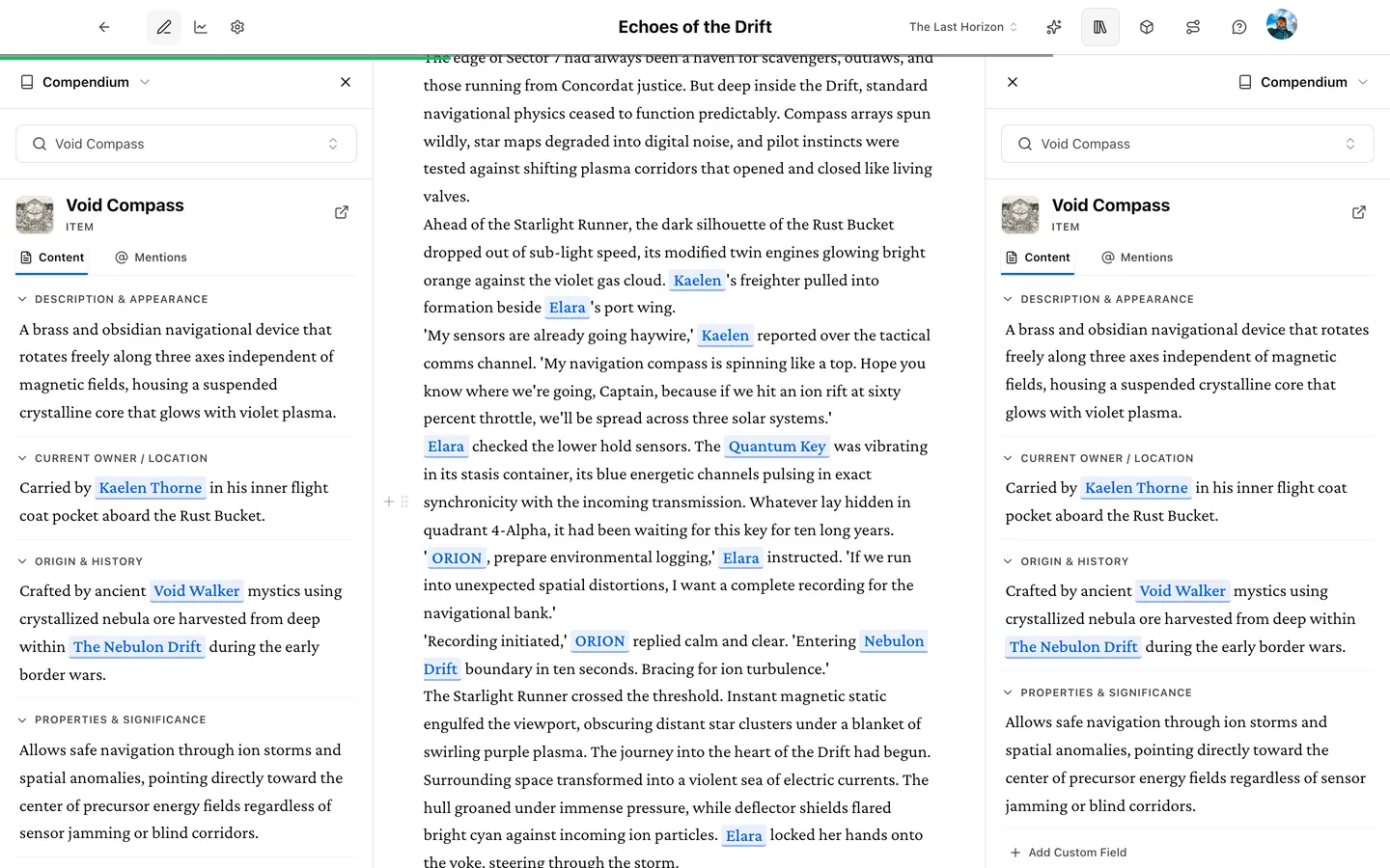 The Prosewell manuscript workspace with the compendium sidebar open showing a character profile