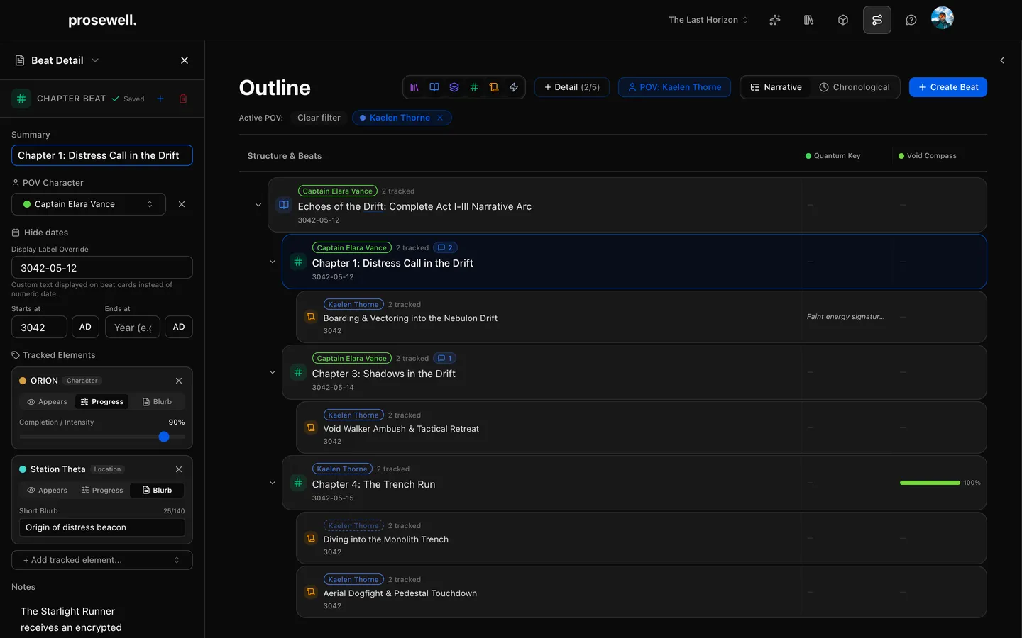 The Prosewell beat detail drawer showing summary text, POV tag, linked compendium pills, and threaded comments