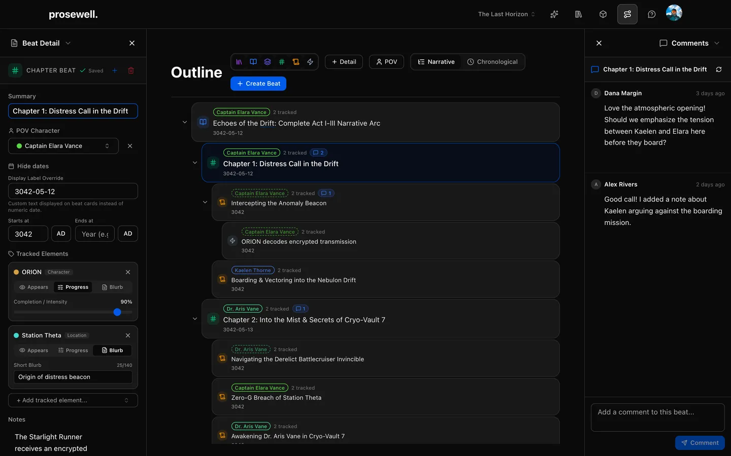 The Prosewell outline view showing beats in Narrative and Chronological order