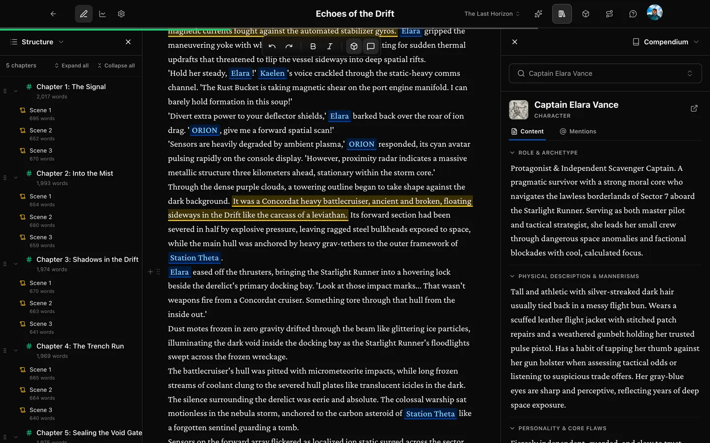 The Prosewell writing studio showing the manuscript editor, outline, and compendium