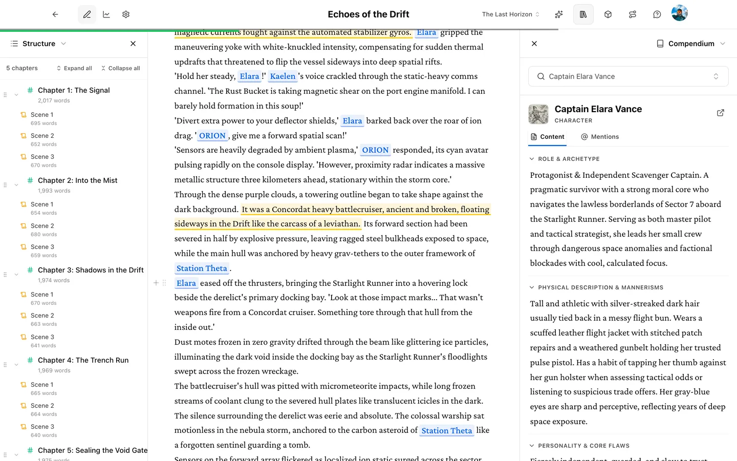 The Prosewell writing studio showing the manuscript editor, outline, and compendium